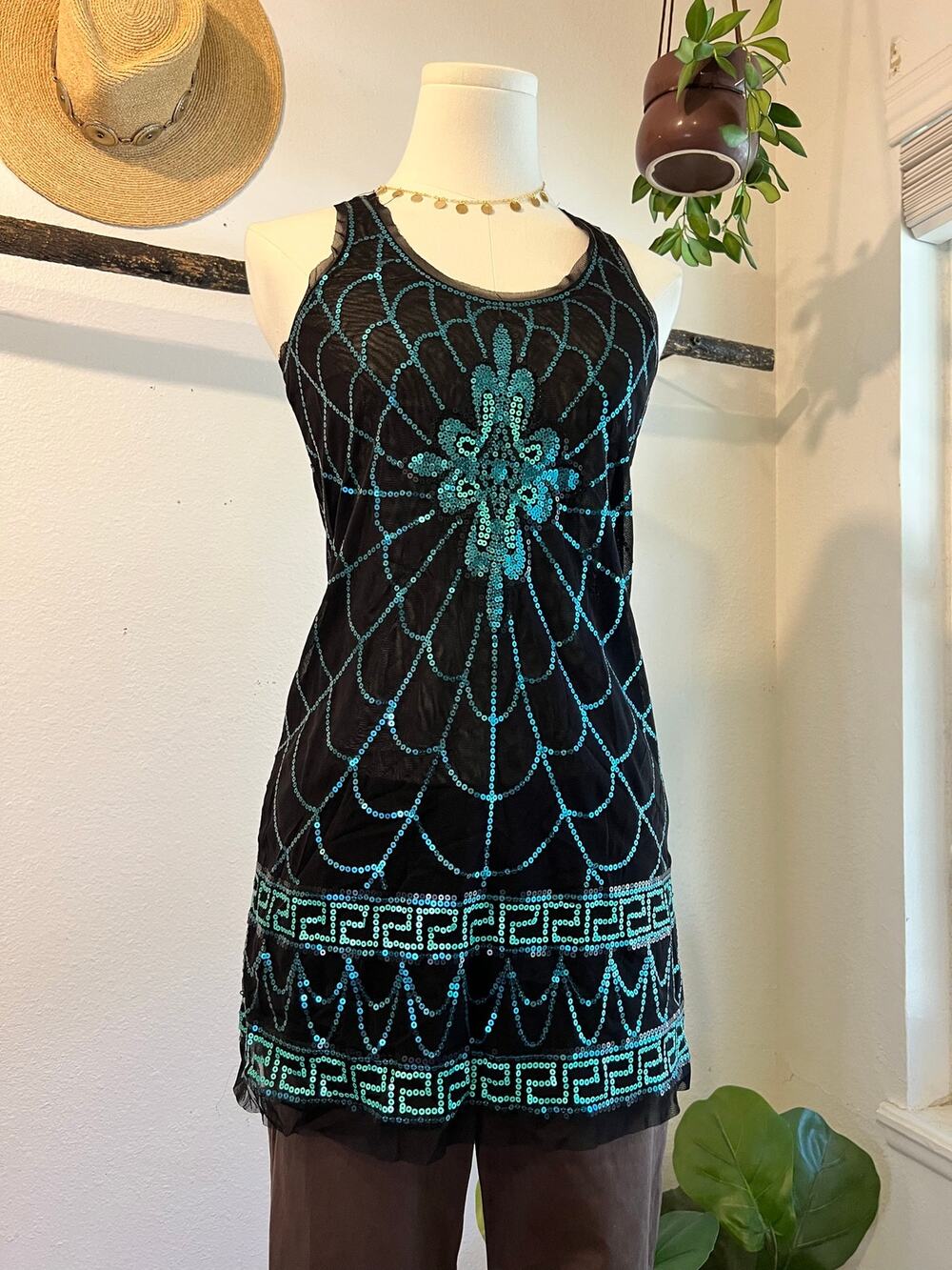 Mermaid Black Sheer Teal Sequin Beaded Embellished Tank Top Size XS